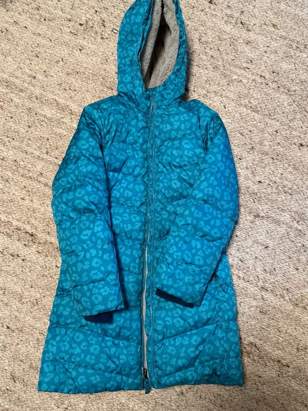 Lands' End Teal Hooded Puffer Coat with Subtle Animal Print
